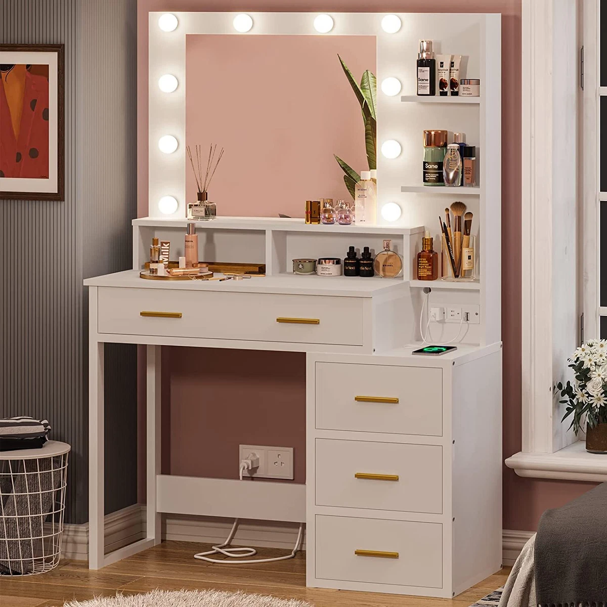 Vanity Desk with LED Lighted Mirror, Makeup Desk with 5 Storage Drawers & 6  Shelves, Vanity Table with Charging Station, Modern Dressing Table with 3