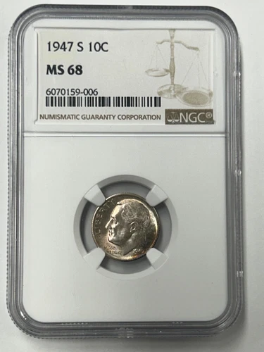 1947 S Roosevelt Dime NGC MS68 Nicely Toned Scarce (NGC Population 18)
