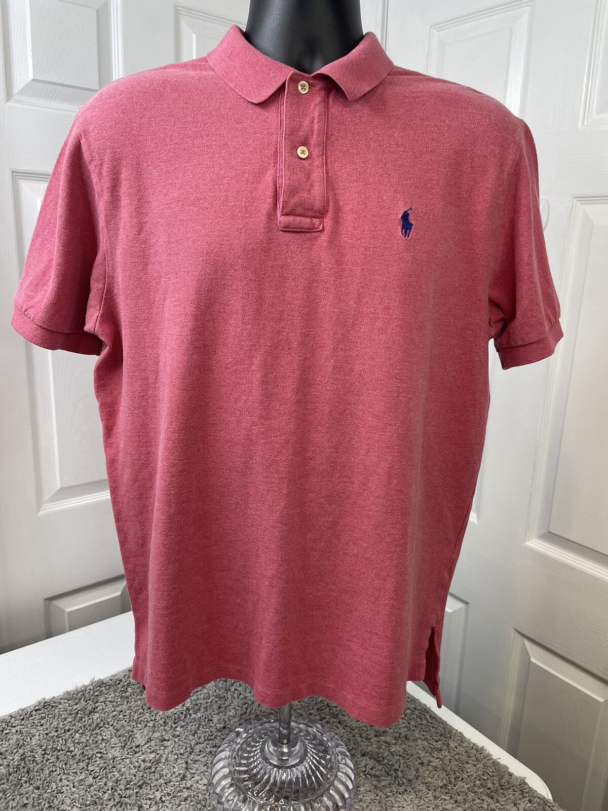 Polo Ralph Lauren Shirt Men L Pink Short Sleeve Navy Pony 100% Cotton VTG