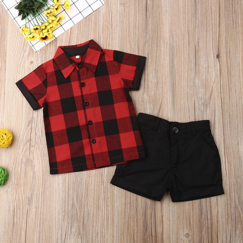 2PCS Toddler Baby Girls Boys Clothes Button T-Shirt Plaid Tops Shorts Outfits - Picture 6 of 7