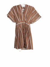 Shein Womens Beige White Polyester Dress Striped V-Neck Short Kimono Sleeve M