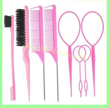 8Pcs Hair Brush Set with Topsy Tail Tools, Teasing Brush & Rat Tail Combs - Pink
