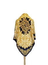 H71 Baroque Style Silk Scarf Navy Gold Ornate Chain Print Square Vintage Wrap