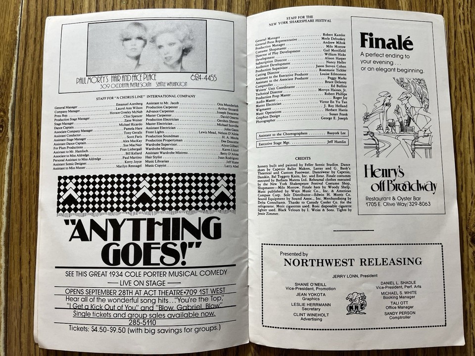 1978 "A Chorus Line" Playbill Seattle Opera House Program Vintage ...