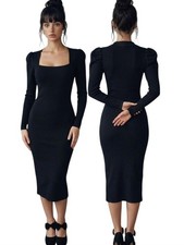 ELIZA J Classic Black Puff Sleeve Midi Sweater Dress - Size M