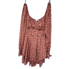 BROWN MAUVE WHITE FLORAL RUFFLE DRESS, L, CHEST 35, LENGTH 29