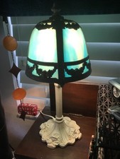 Blue Slag Glass Table Lamp Cast Metal Floral overlay shade 15” ML Co. Rare