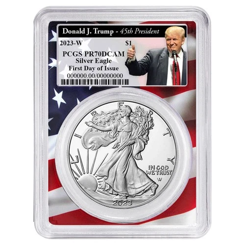 2023-W $1 1-oz Proof American Silver Eagle PCGS PR70DCAM FDOI Trump 45th