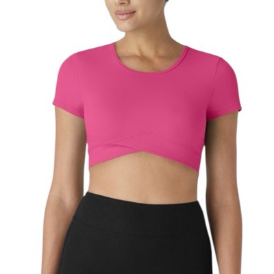 Halara Softly Zero Plush Crossover Hem Cropped Short Sleeve Shirt Pink NWT 