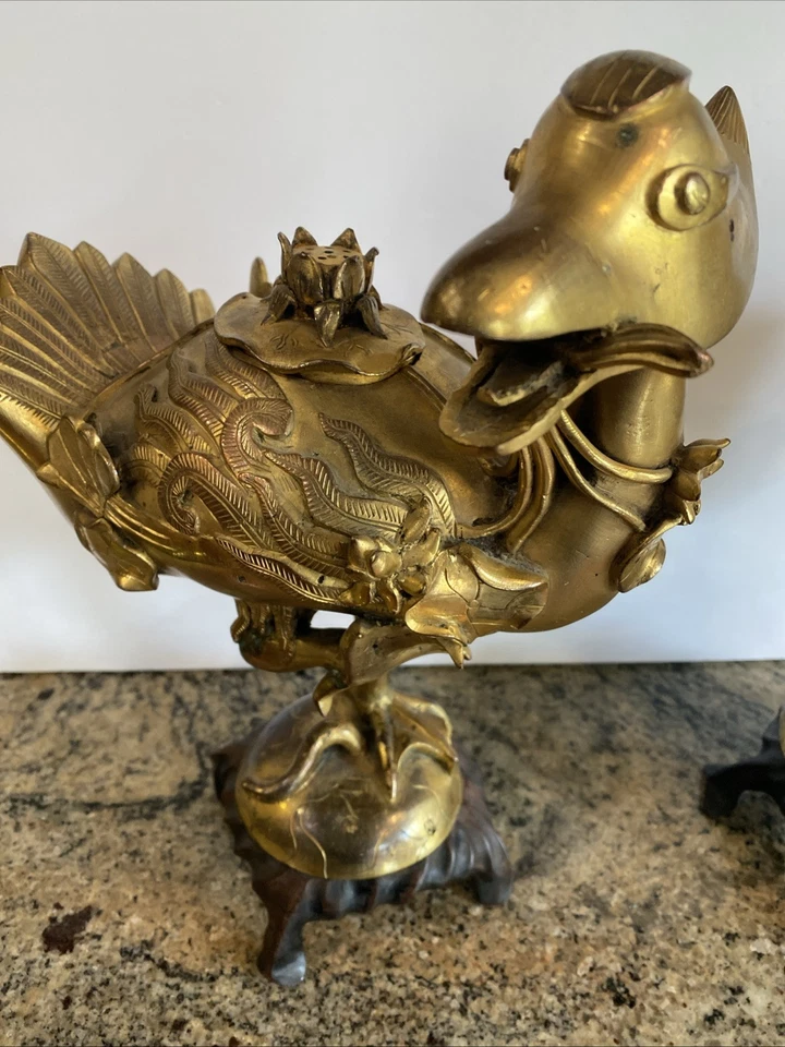 Antique Chinese Incense Burner Censer Gold Gilded Bronze Bird Pair - Image 2 of 4