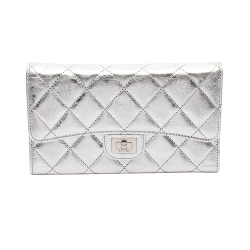 CHANEL 2.55 Matelasse Metallic Tri-fold long Wallet Purse leather Silver Used CC