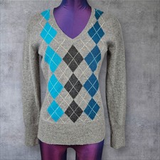 Apt 9 Argyle 100 Cashmere V-Neck Sweater Gray Blue Size Small Women's Q24