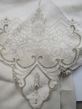 ANTIQUE LINEN TABLECLOTH with EMBROIDERY & CU...