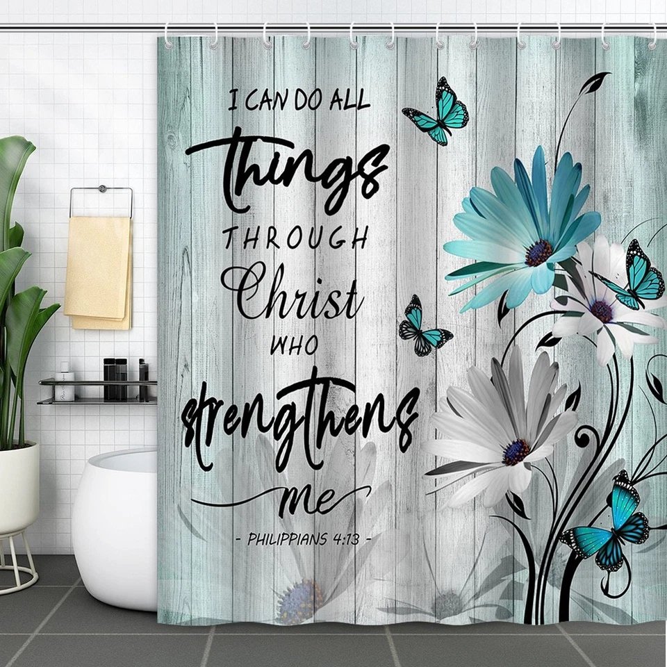 Christian floral shower curtain with Philippians 4:13 verse and butterflies - Image 2 of 4