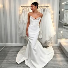 Simple Mermaid Satin Wedding Dresses Strapless Beaded White Ivory Bridal Gowns