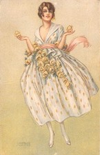B437 Italian Beauty 1919 Art signed Carlo Nicco Roses Dress Fashion postcard