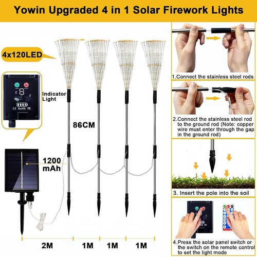 Lampade Solari da Esterno 4x120 LED Luci Solari Soffione con Telecomando, 8... - Foto 4 di 9