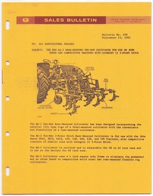 Vintage 1961 John Deere Sales Bulletin Dealership Memo - RG-2 Cultivator