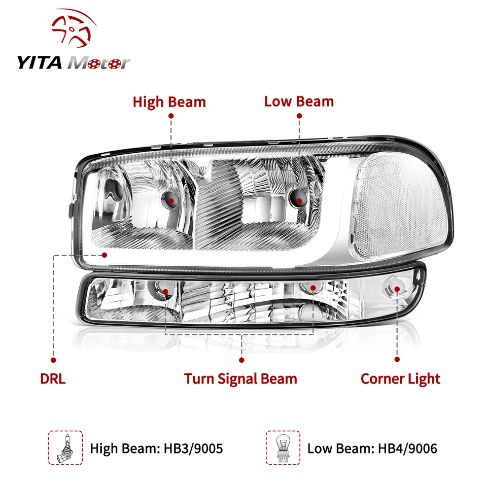 DRL LED Chrome Clear Headlights+Bumper Lamps For 1999-2006 GMC Sierra 1500 2500 - Image 2 of 4