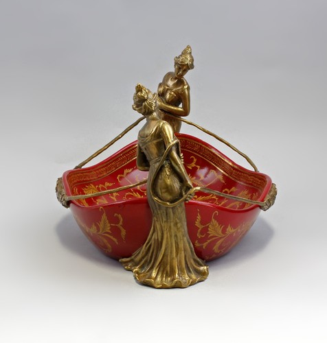 9937870-d Bowl Pheasants Female Characters Ceramics/Bronze 15 3/8x9 1/8x7 1/ - Picture 2 of 3