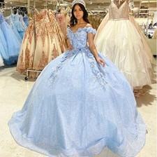 Sky Blue Quinceanera Dresses Sweet 15 Sparkly Off Shoulder 3D Flowers Ball Gowns