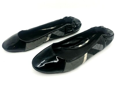 Burberry Womens Nova Check Black Patent Ballet Flat Nylon Italy