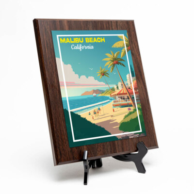 Malibu Beach California Decorative Wall Plaque With Easel Acrylic Stand