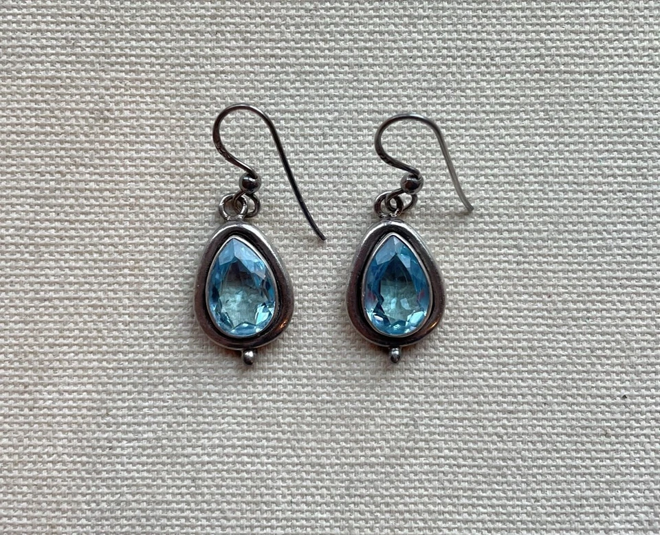Modernist Dangle Earrings Teardrop Caviar Blue Topaz Artisan Sterling 1.25" - Image 2 of 4