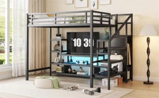 Full Size Metal Loft Bed with TV Stand, Metal Loft Bed with Staircase & Wardrobe
