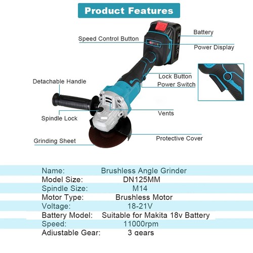 For Makita Battery 125mm Brushless Angle Grinder Li-ion Battery Cordless Replace - Picture 4 of 12