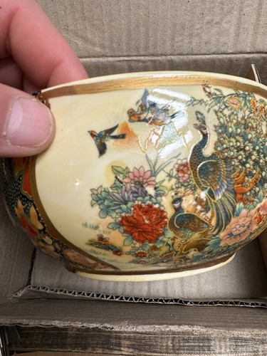 Lot Of Two Vintage Satsuma Asian Style Fish Bowl / Pot / Planter Peacock Floral - Picture 4 of 12
