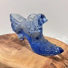 Vintage Fenton Art Glass Slipper Shoe Boot Daisy & Button Cat Head Blue 5.75”