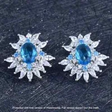 2.40Ct Oval Cut Blue Topaz Halo Beautiful Wedding Earring 14K White Gold Finish