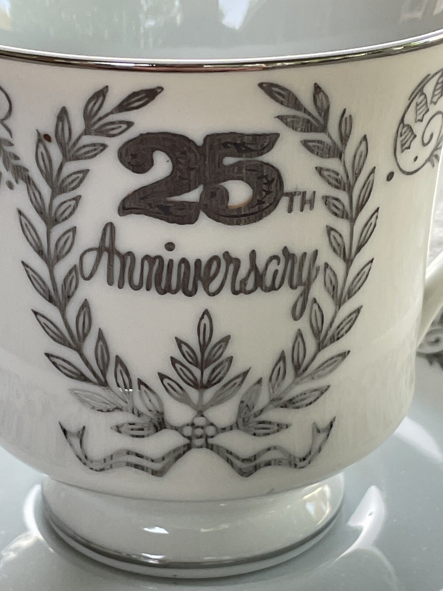 25th Anniversary Tea Cup And Saucer Set AN-95 Silver Detailing