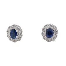 Oval Sapphire Halo Diamond Floral Stud Earrings 14K White Gold 1.28 CTW Ladies