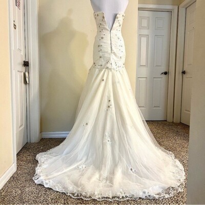 champagne fishtail wedding dress Champagne Lace Applique Mermaid Weeding Dress with Spaghetti Straps, Deep V-Neck, and Court Train