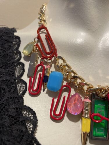 Betsey Johnson Back To School Supplies Charm Chunky Necklace Red Crystal Pencil - Picture 4 of 12
