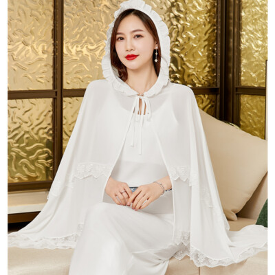 Women Chiffon Cloak Hooded Cape Shawl Wedding Bridal Sheer Ruffle Midi Lace  Up | eBay