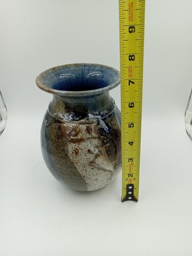 Joan Rountree Studio Art Pottery Blue, Brown Drip Glaze Stoneware Vase Signed 7" - Picture 7 of 13