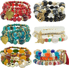 Bohemian Bracelet Sets for Women - 6 Sets Stackable Stretch Bracelets Multi-Colo