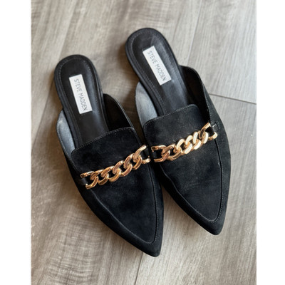 Steve Madden Almah Black Suede Gold Chain Flat Mules Women s Sz 10 Slip On
