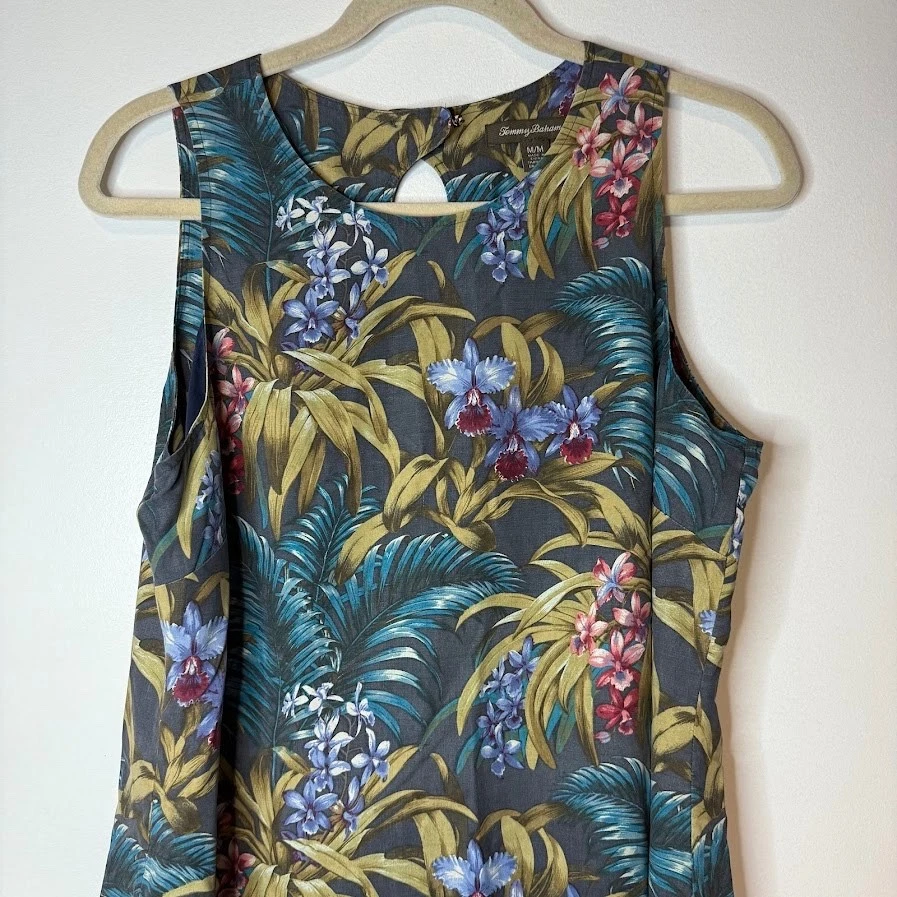 Tommy Bahama Size M 100% Silk Dark Tropical Floral Sheath Dress Hawaiian Tiki - Image 2 of 4