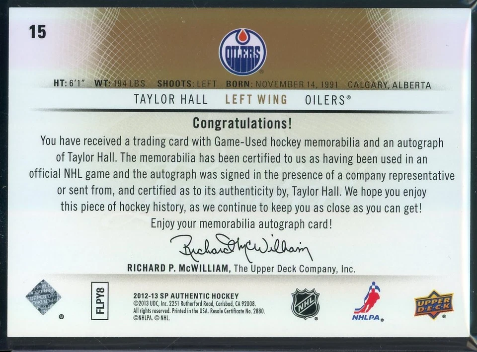 2012-13 SP Authentic Limited Autographed Patches #15 Taylor Hall 036/100 - Image 2 of 2