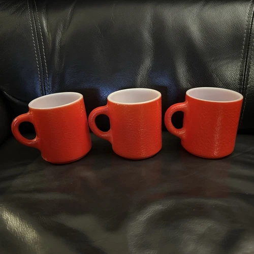 3 Vtg  Red Hazel Atlas “Orange Peel” Texture Painted Milk Glass Mug