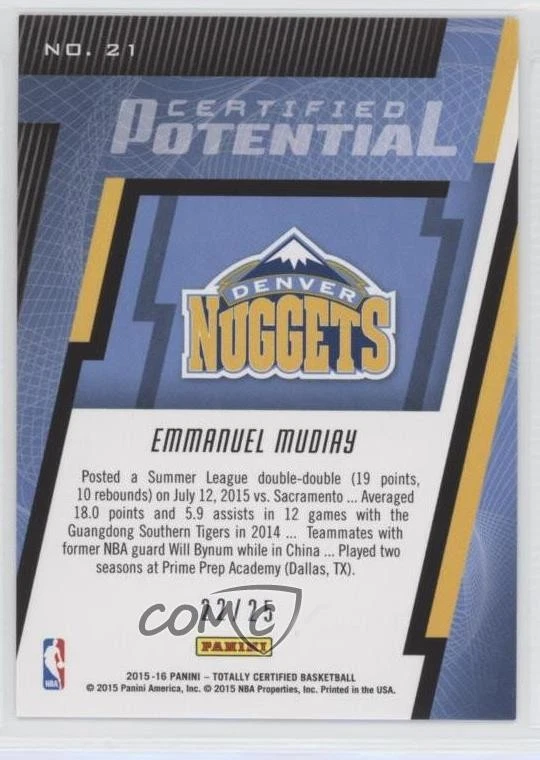 2015 Panini Totally Certified Potential Mirror /25 Emmanuel Mudiay #21 Rookie RC - Image 2 of 2