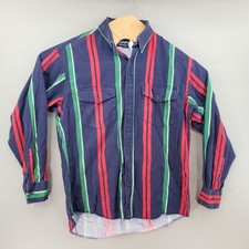 Vtg 90s Wrangler Striped Button Down Medium USA Made Western Blue Red Green