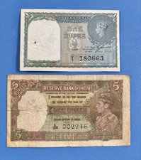 Lot of 2 British India King George VI 1 Rupee + 5 Rupees Reserve Bank Notes