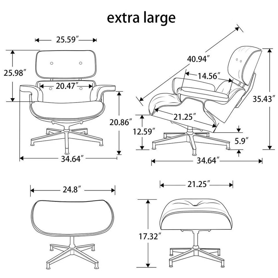 Mid Century Lounge Chair and Ottoman Real Leather Recliner Wooden Lounge Chair - Image 3 of 4