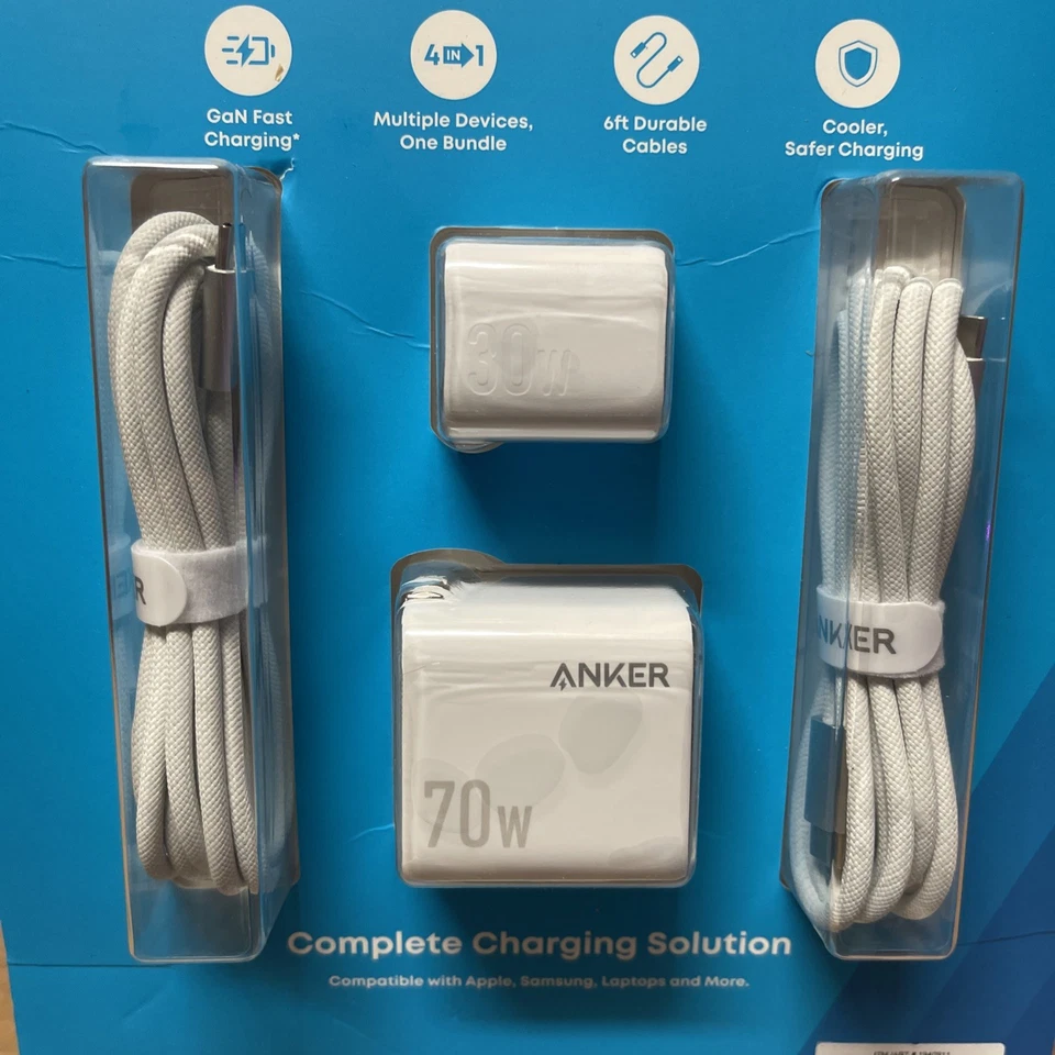 Pacote de carregador de parede Anker 70W/30W plugues dobráveis 2 cabos USB C-C de 6 pés - Imagem 2 de 4
