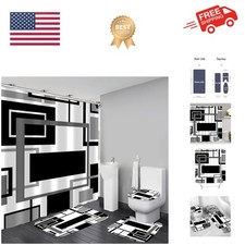 4 Pcs Black Geometric Shower Curtain Sets with Rugs Black Bathroom Sets with ...